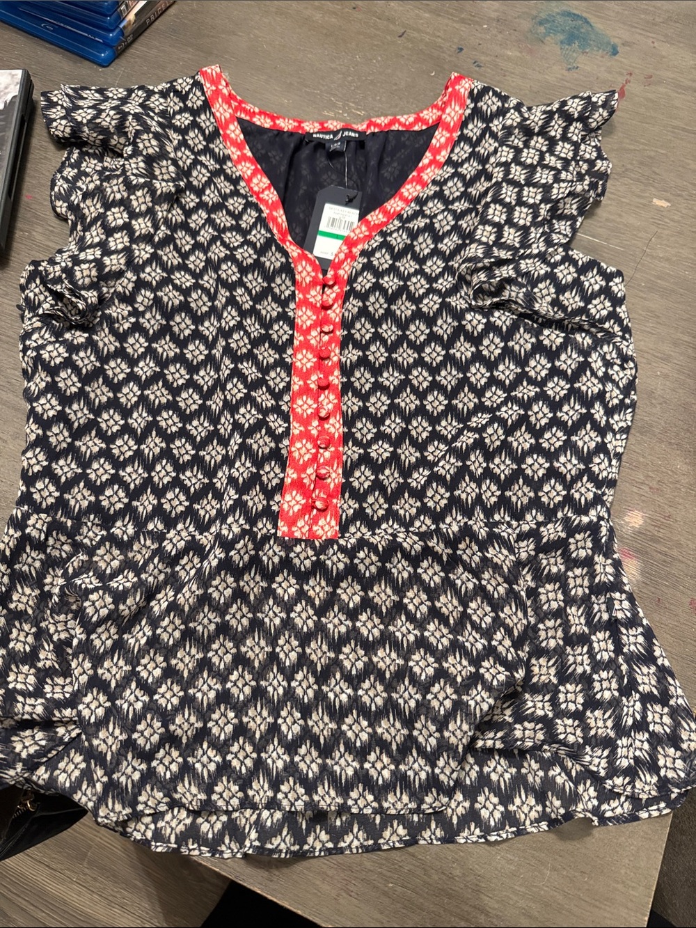 Nautica Navy and Coral Floral-Trim Ruffled Sleeve Tunic